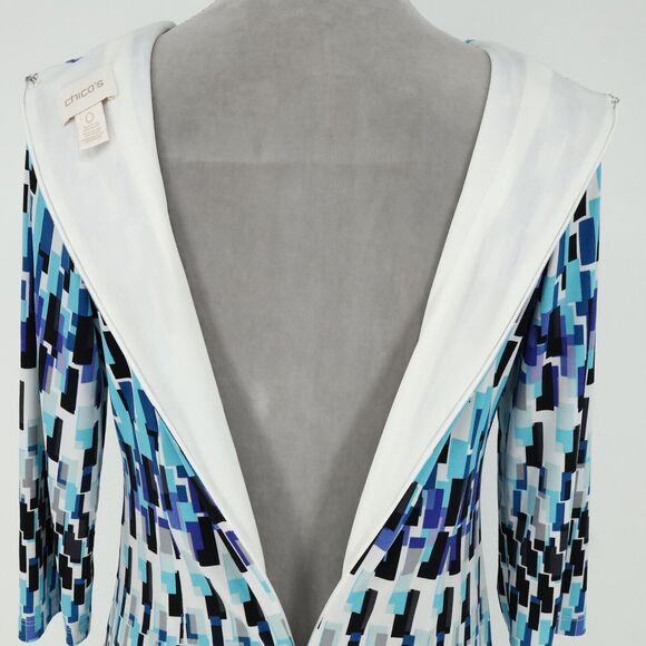 Chicos Dress 0 Womens 4 Small Blue White Stretch Knit Side Ruched Corpcore - Picture 13 of 14